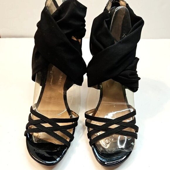 Donald J Pliner Mercy Black Patent Strappy Zip Fabric Ankle Wrap Heels Women 6.5 - Picture 4 of 10